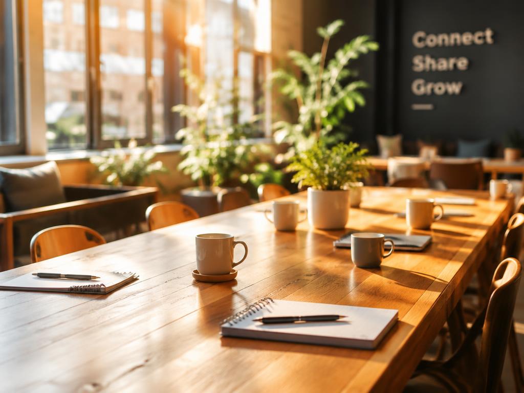 Community table set with coffee cups and notebooks in warm light