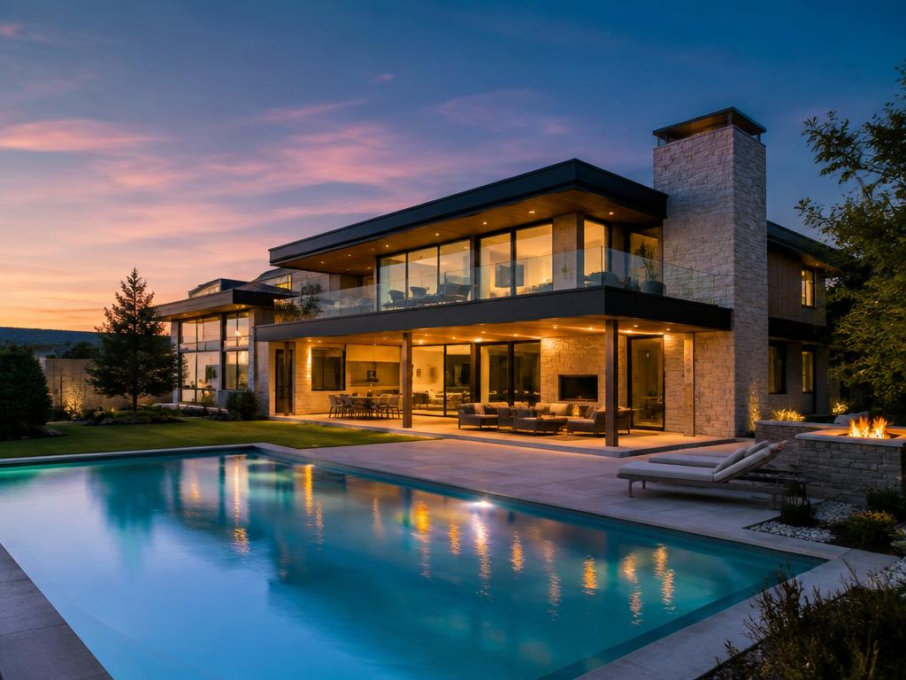 Modern luxury home with a lit pool at dusk