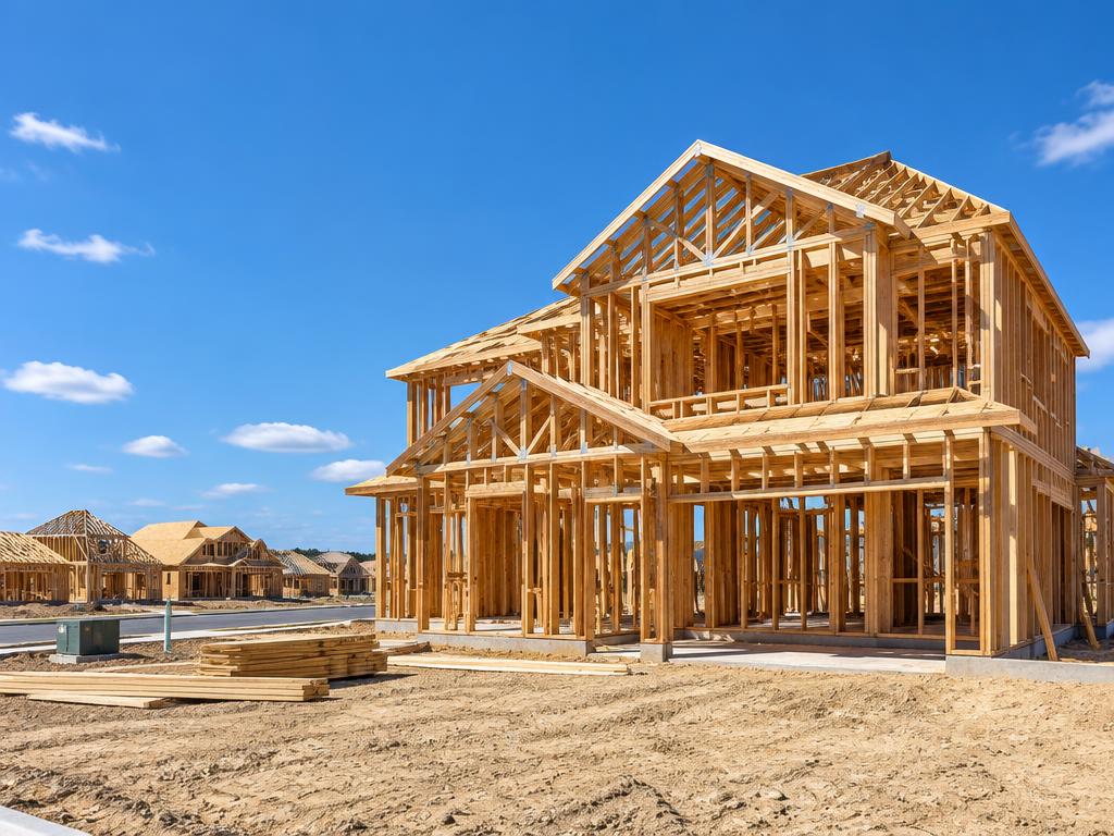 New construction home framing in a developing neighborhood