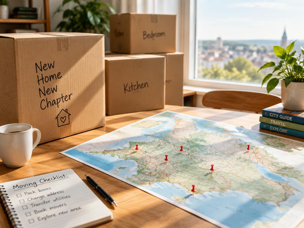 Moving boxes and a pinned map on a sunny table
